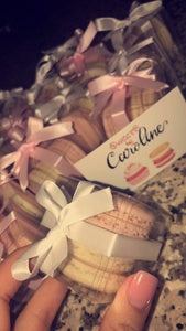 Pink and white macaron party, birthday, wedding, event favors. Each box is wrapped in pink and white ribbon