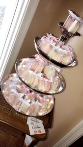 Pink and white macaron party, birthday, wedding, event favors.  Each box is wrapped in pink and white ribbon.