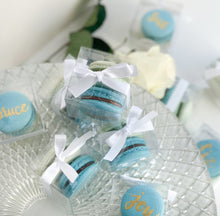 Load image into Gallery viewer, Macaron Wedding, Party, Birthday, Event Favors. Macaron Favor wrapped in ribbon and customized to wedding, party, birthday, event theme
