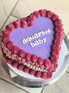 star sign themed heart cake "aquarius baby"